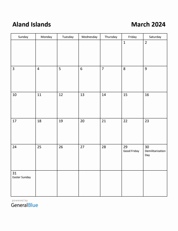 March 2024 Calendar with Aland Islands Holidays