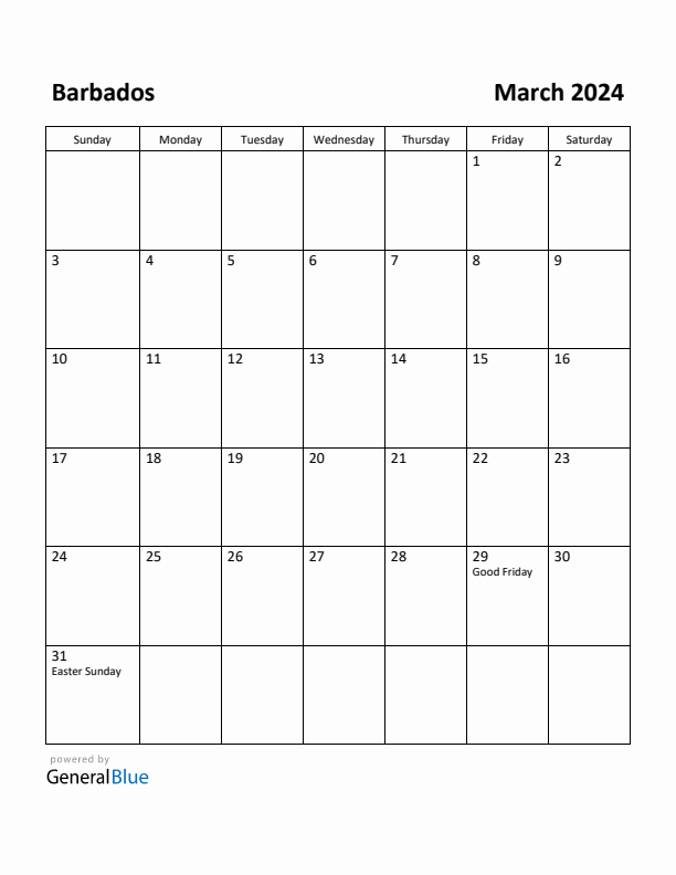 March 2024 Calendar with Barbados Holidays