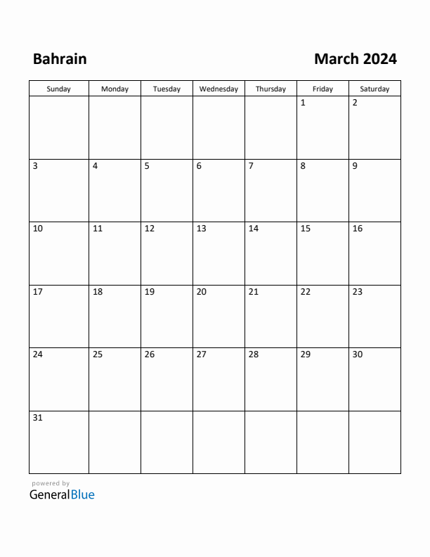 March 2024 Calendar with Bahrain Holidays