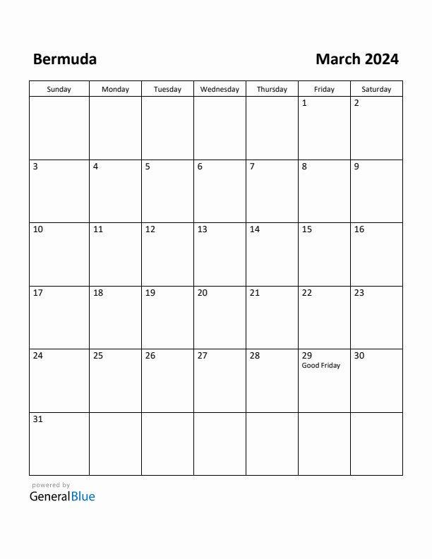 March 2024 Calendar with Bermuda Holidays