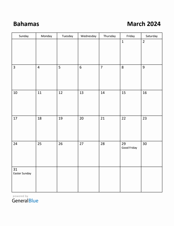 March 2024 Calendar with Bahamas Holidays