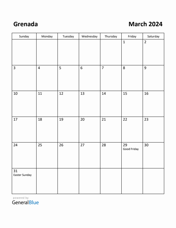 March 2024 Calendar with Grenada Holidays