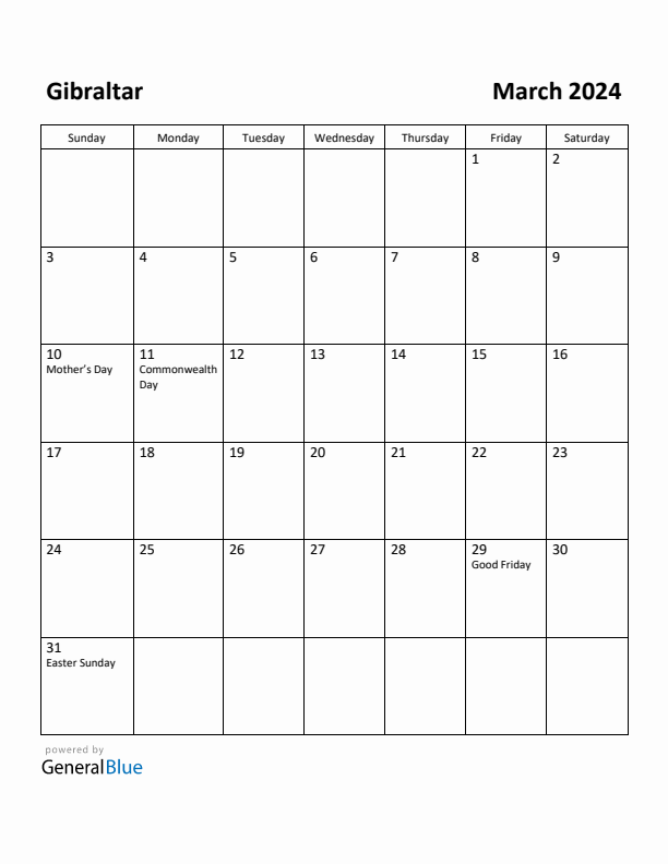 March 2024 Calendar with Gibraltar Holidays