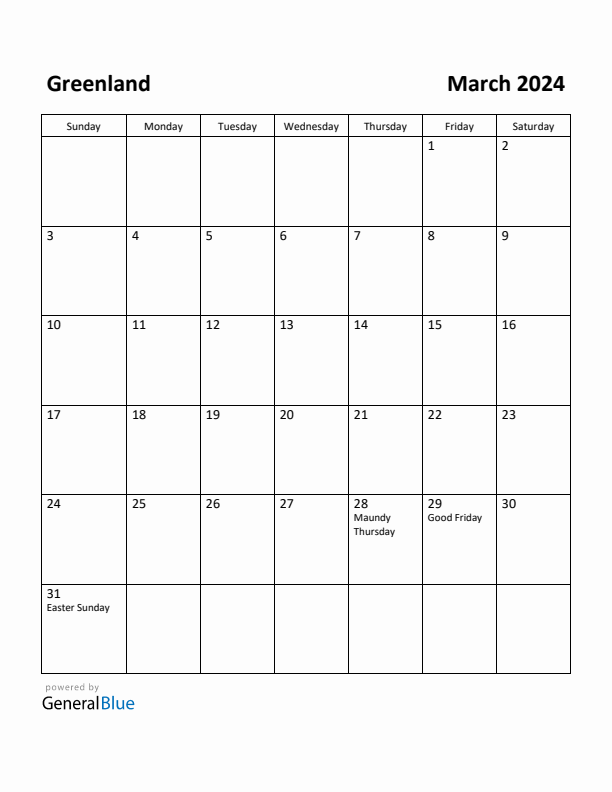 March 2024 Calendar with Greenland Holidays