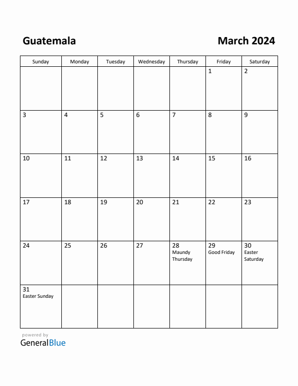 March 2024 Calendar with Guatemala Holidays