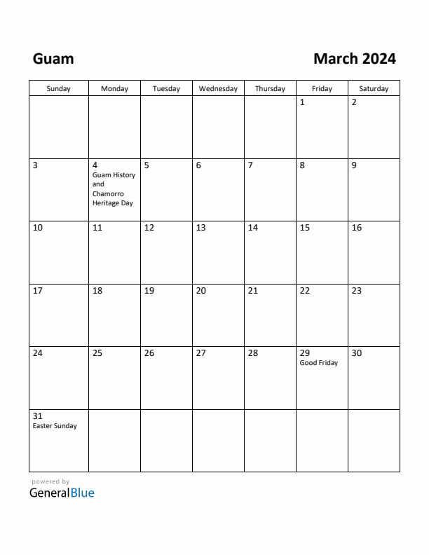 March 2024 Calendar with Guam Holidays