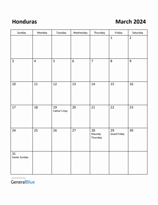 March 2024 Calendar with Honduras Holidays