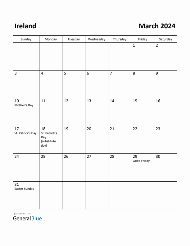 March 2024 Calendar with Ireland Holidays