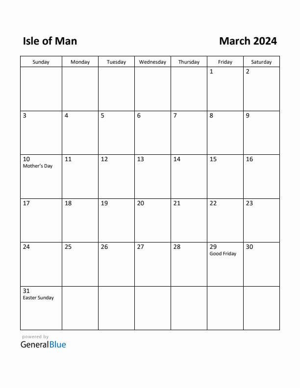 March 2024 Calendar with Isle of Man Holidays