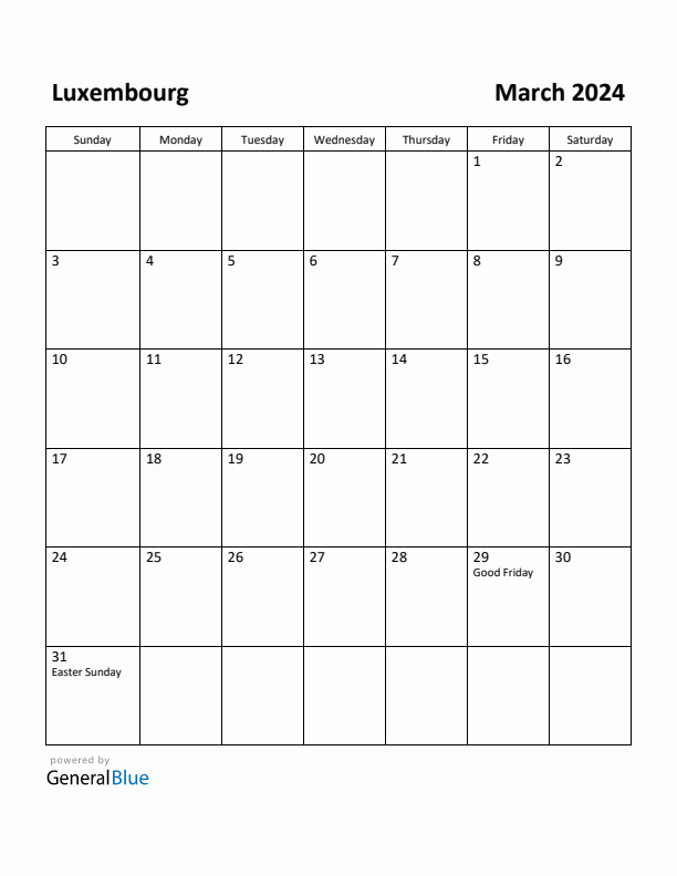 March 2024 Calendar with Luxembourg Holidays