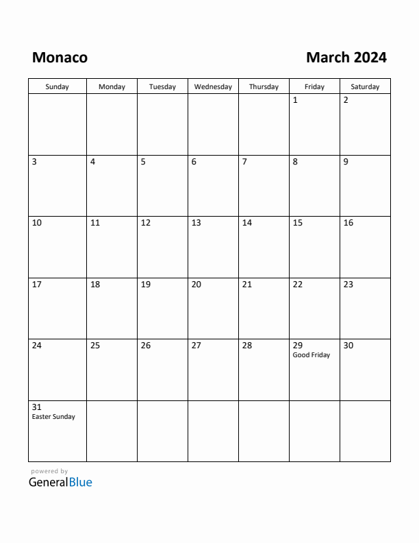 March 2024 Calendar with Monaco Holidays