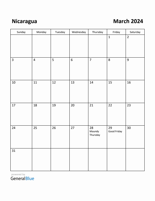 March 2024 Calendar with Nicaragua Holidays