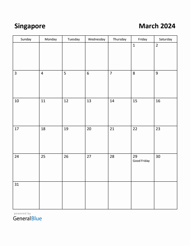 March 2024 Calendar with Singapore Holidays