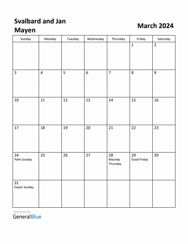 March 2024 Calendar with Svalbard and Jan Mayen Holidays