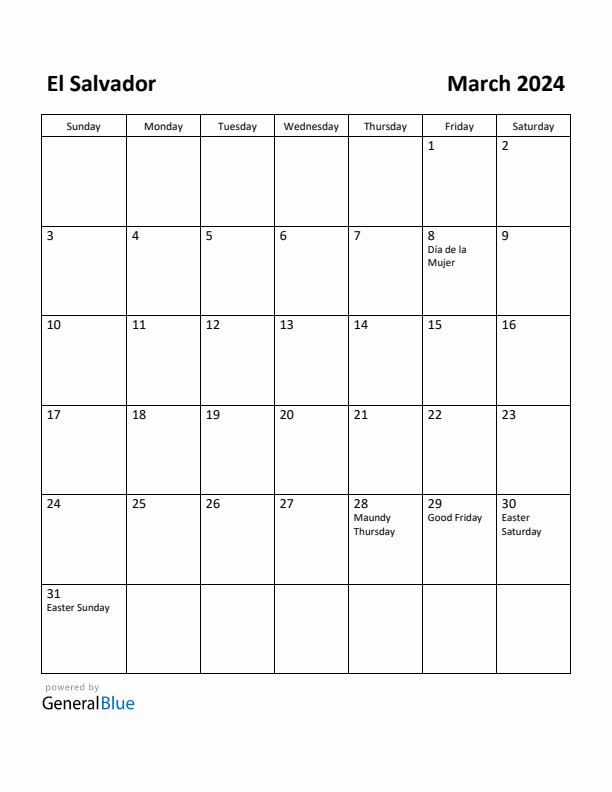 March 2024 Calendar with El Salvador Holidays