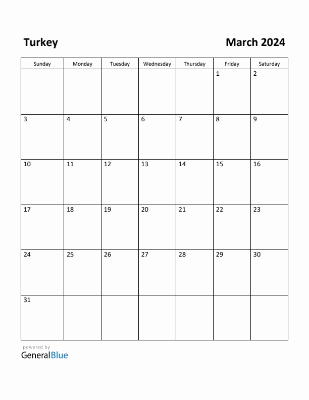 March 2024 Calendar with Turkey Holidays