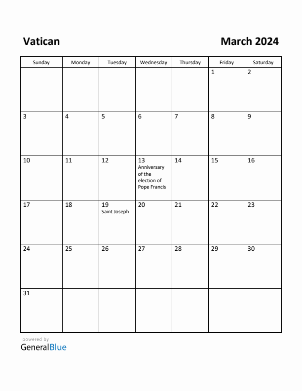 March 2024 Calendar with Vatican Holidays