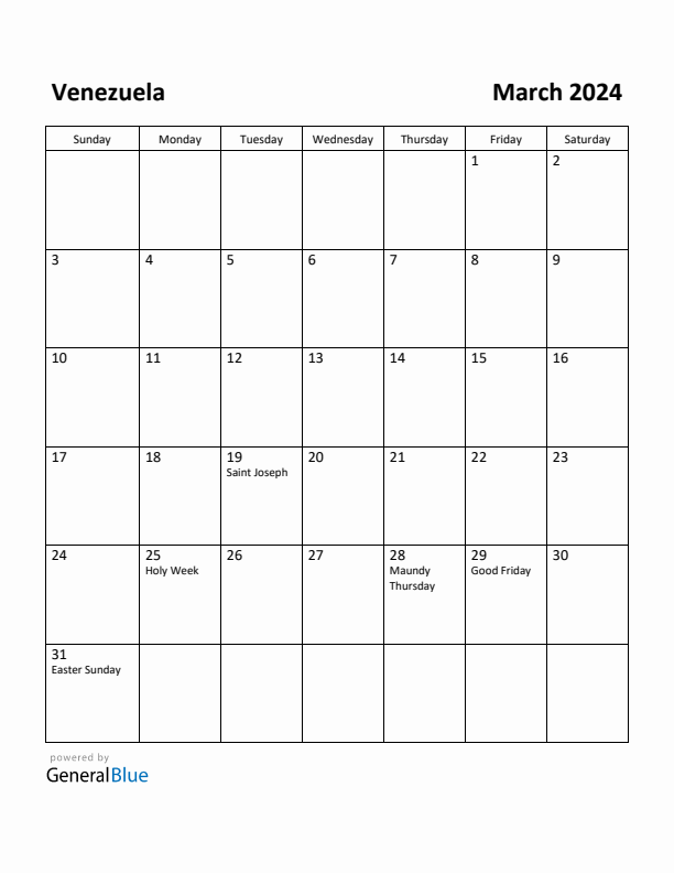 March 2024 Calendar with Venezuela Holidays