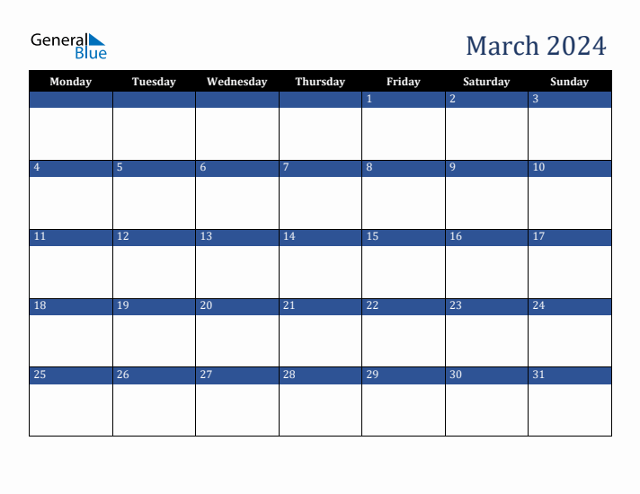 Monday Start Calendar for March 2024