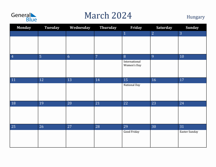 March 2024 Hungary Calendar (Monday Start)