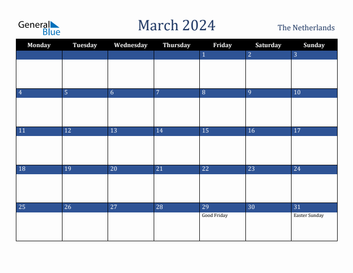 March 2024 The Netherlands Calendar (Monday Start)