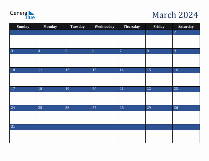 Sunday Start Calendar for March 2024