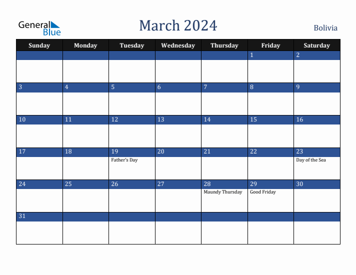 March 2024 Bolivia Calendar (Sunday Start)