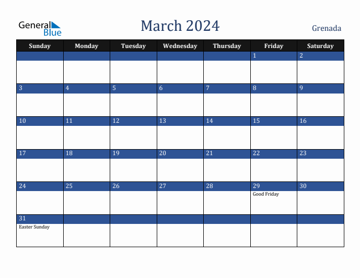 March 2024 Grenada Calendar (Sunday Start)