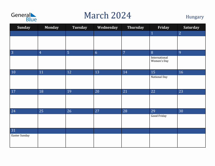 March 2024 Hungary Calendar (Sunday Start)