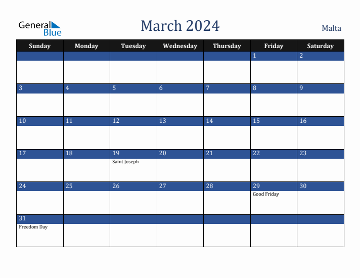 March 2024 Malta Calendar (Sunday Start)