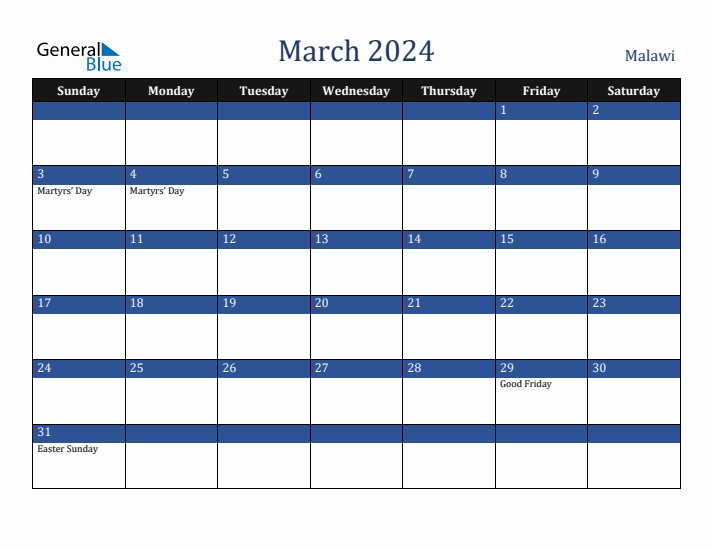 March 2024 Malawi Calendar (Sunday Start)