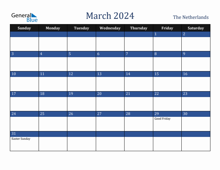 March 2024 The Netherlands Calendar (Sunday Start)