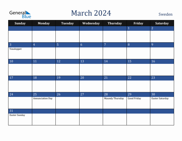 March 2024 Sweden Calendar (Sunday Start)