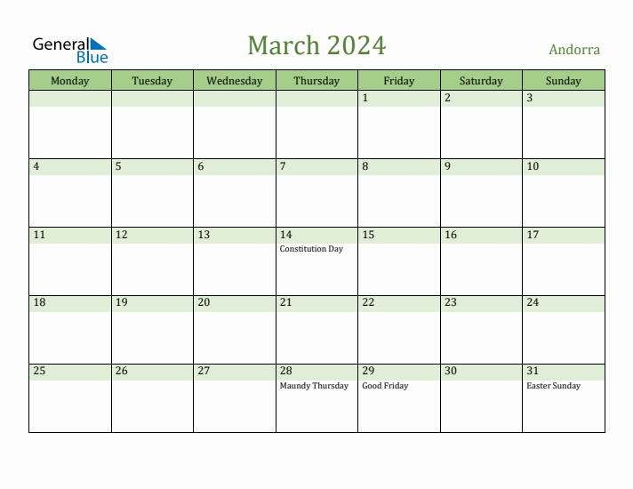 March 2024 Calendar with Andorra Holidays