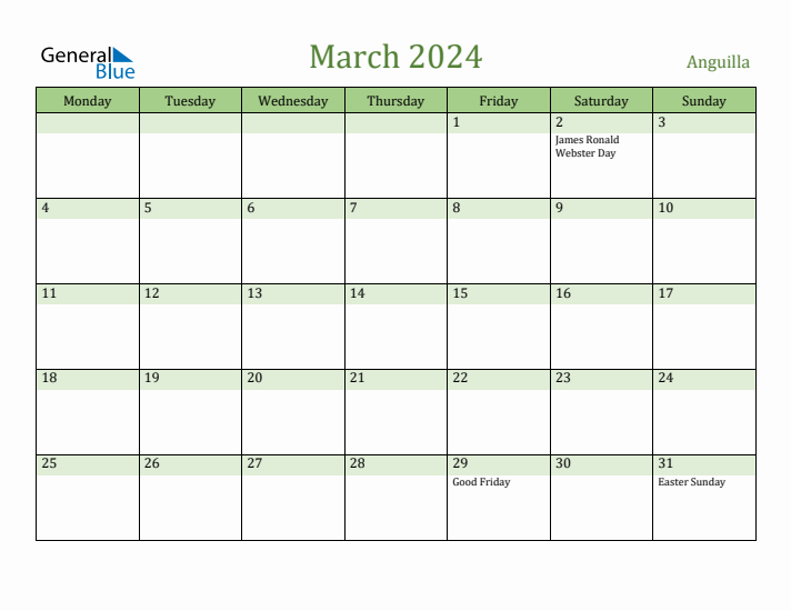 March 2024 Calendar with Anguilla Holidays