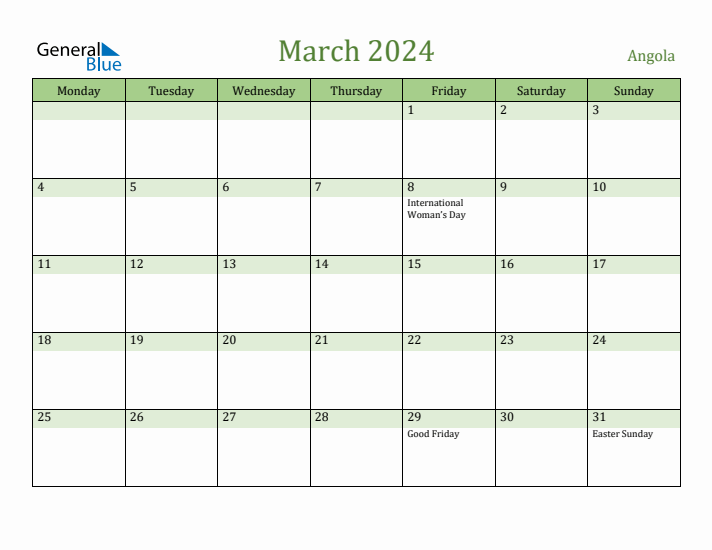 March 2024 Calendar with Angola Holidays