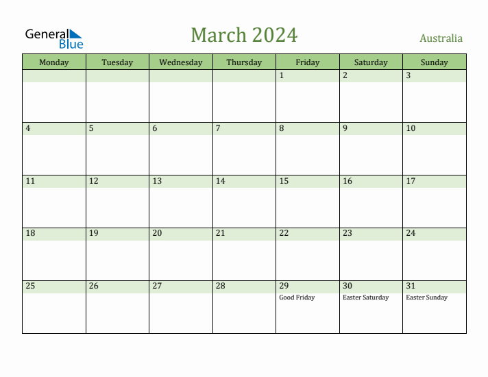 March 2024 Calendar with Australia Holidays