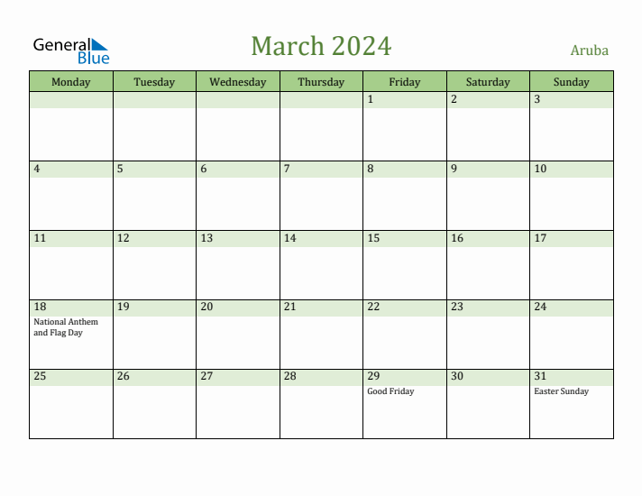 March 2024 Calendar with Aruba Holidays