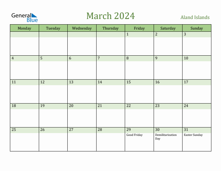 March 2024 Calendar with Aland Islands Holidays