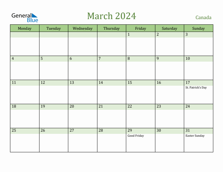 March 2024 Calendar with Canada Holidays