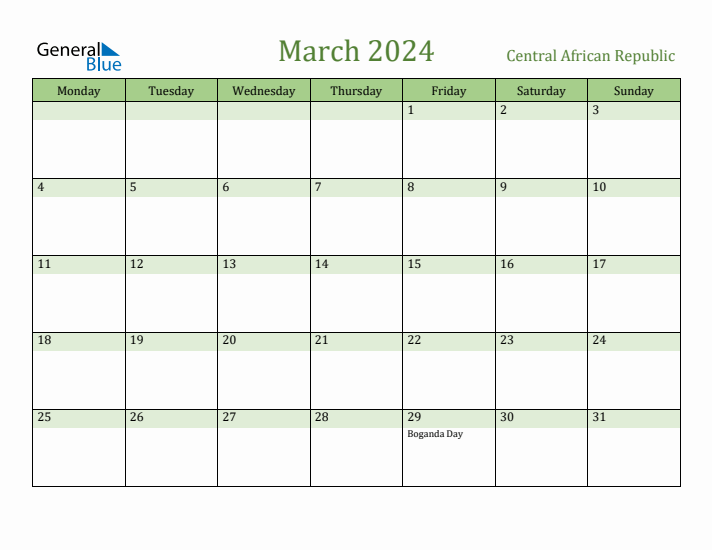 March 2024 Calendar with Central African Republic Holidays