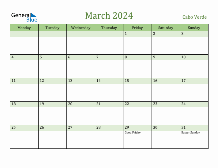 March 2024 Calendar with Cabo Verde Holidays