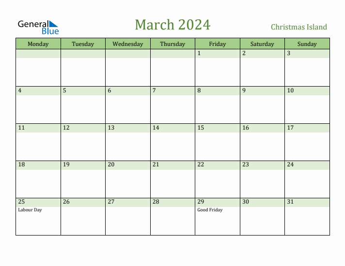 March 2024 Calendar with Christmas Island Holidays