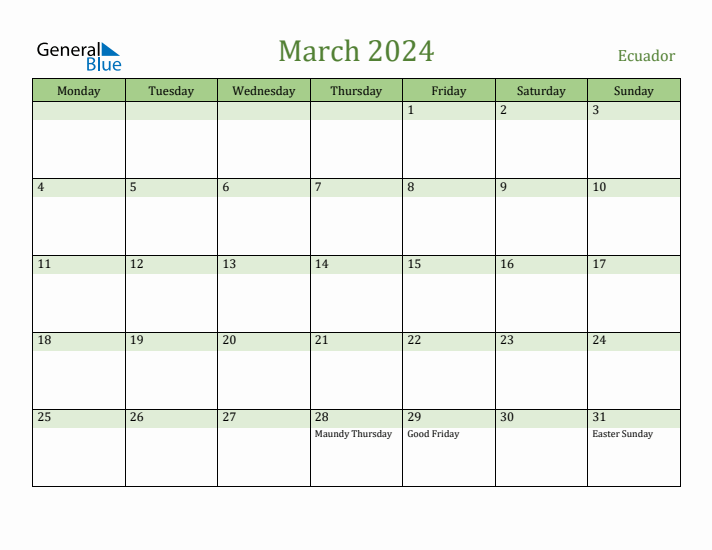 March 2024 Calendar with Ecuador Holidays