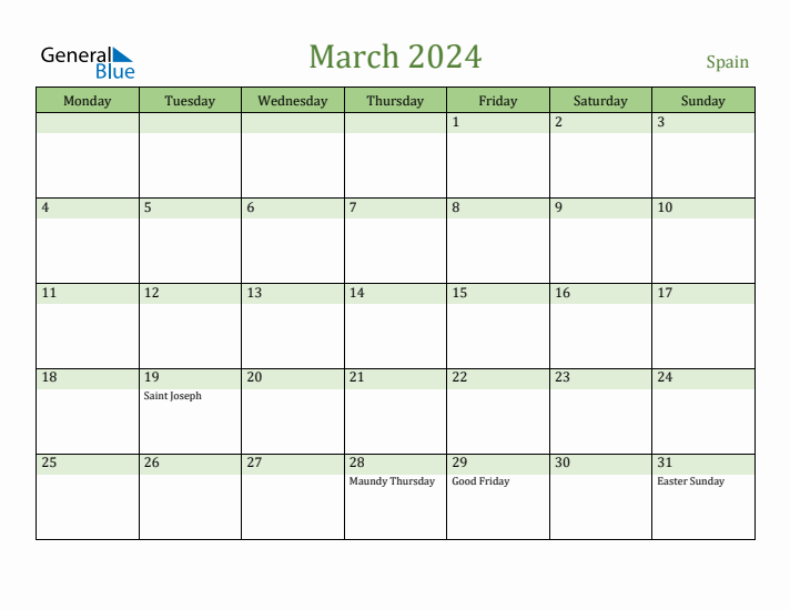 March 2024 Calendar with Spain Holidays