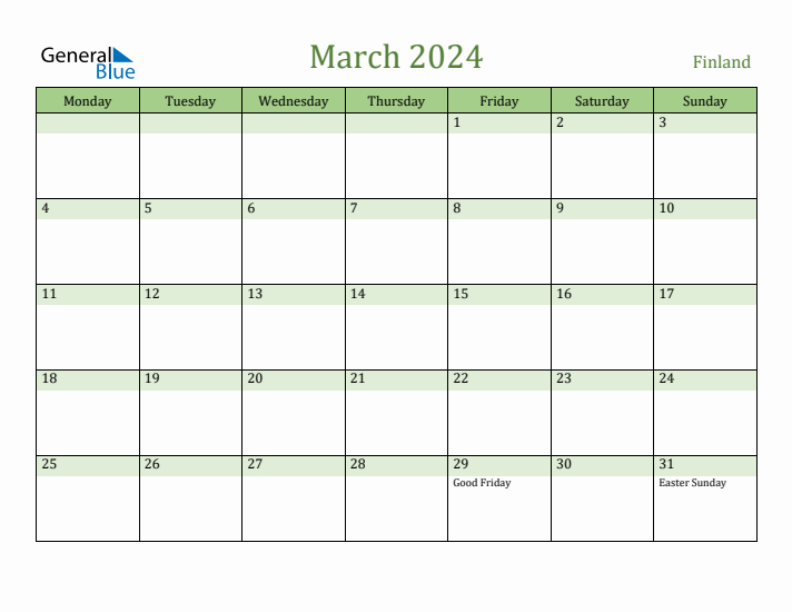 March 2024 Calendar with Finland Holidays