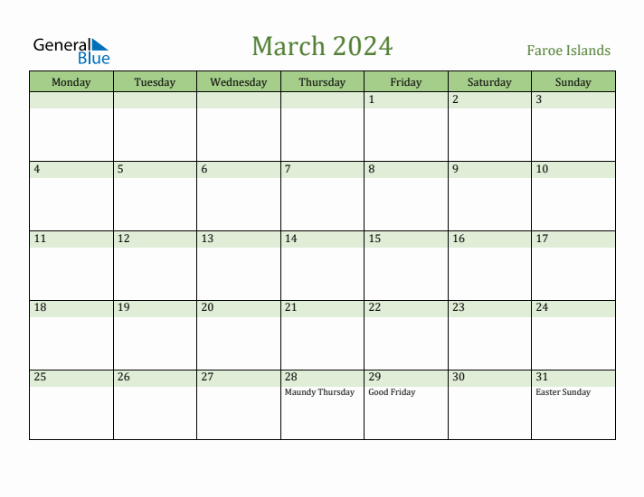 March 2024 Calendar with Faroe Islands Holidays