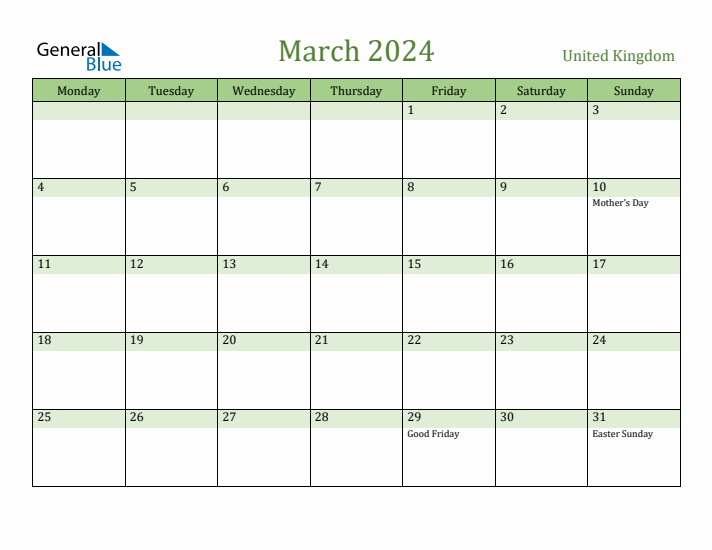 March 2024 Calendar with United Kingdom Holidays