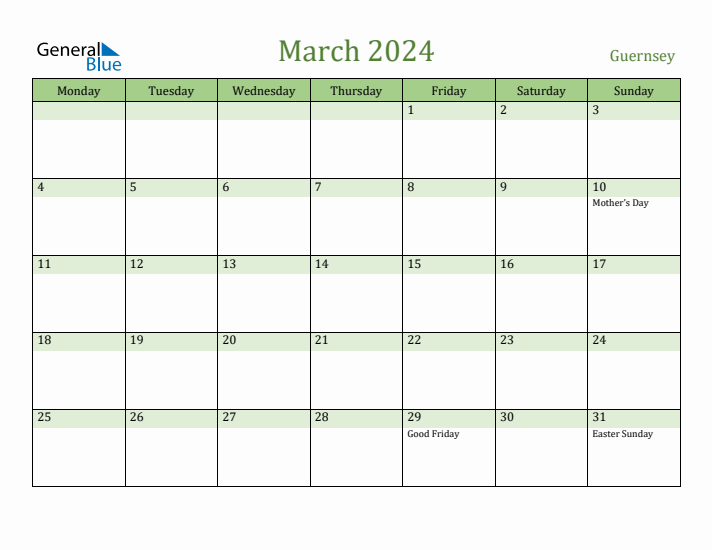 March 2024 Calendar with Guernsey Holidays