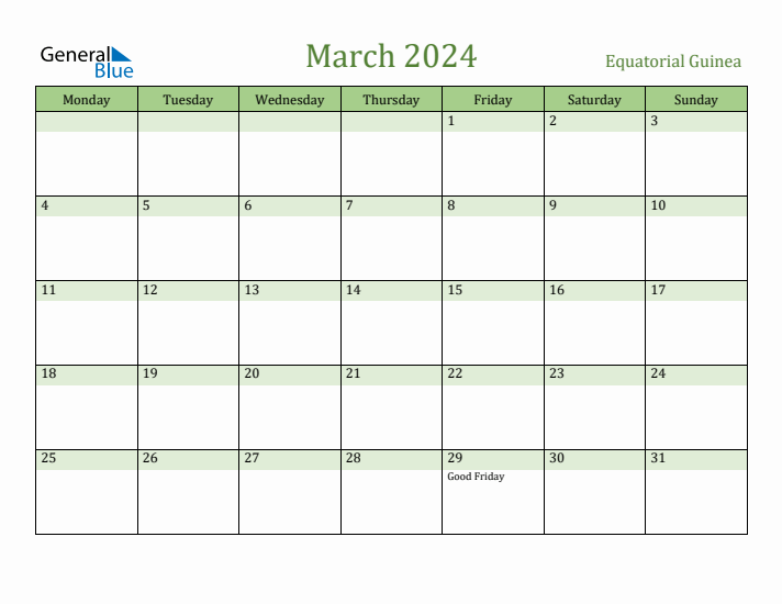 March 2024 Calendar with Equatorial Guinea Holidays